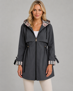 Women's Hooded Trench Coat with Plaid Lining – Zip Front Jacket with Adjustable Waist