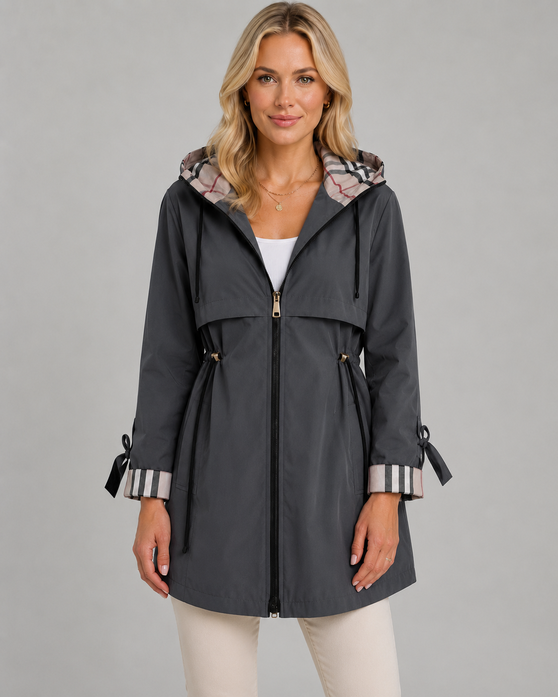 Women's Hooded Trench Coat with Plaid Lining – Zip Front Jacket with Adjustable Waist