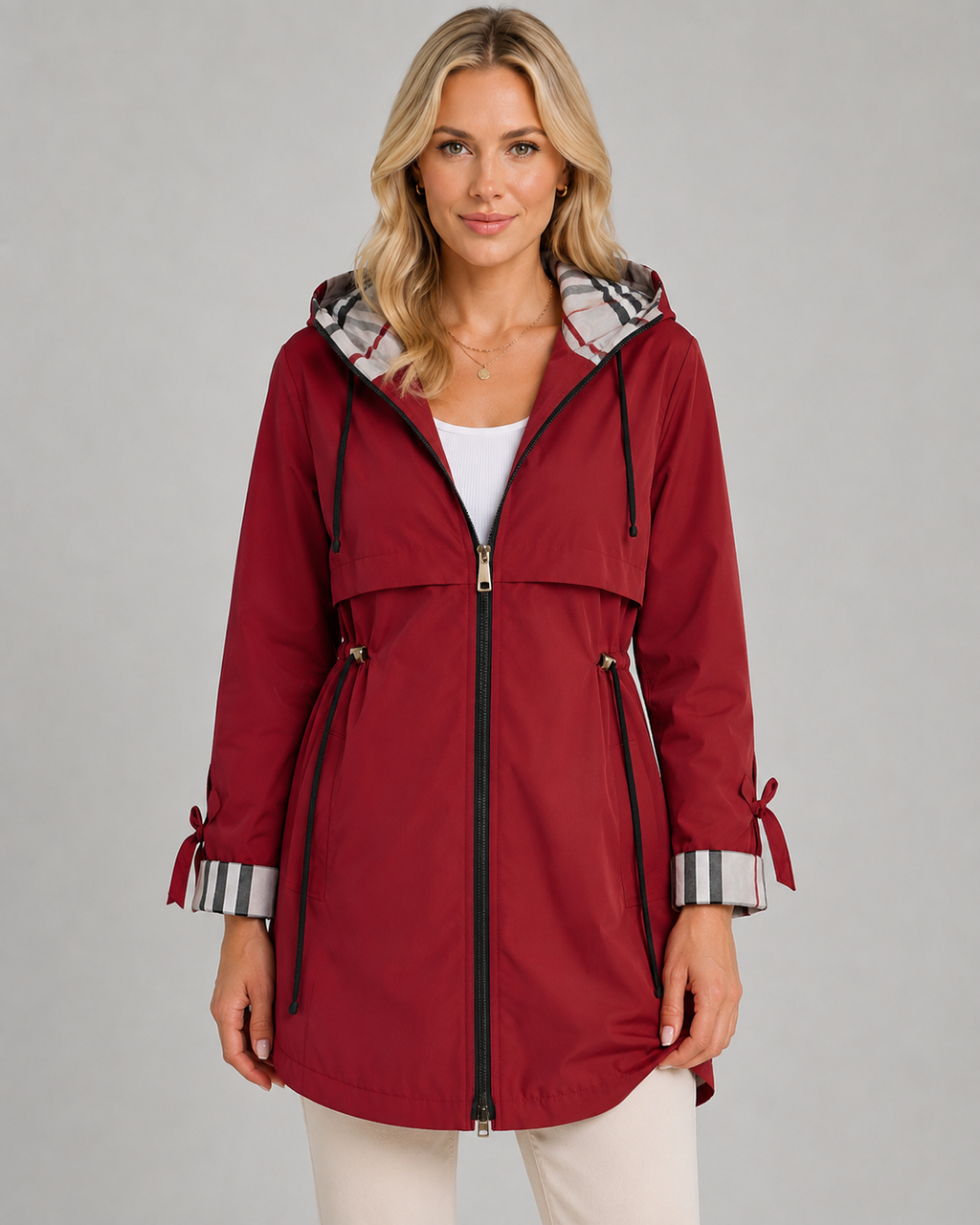 Women's Hooded Trench Coat with Plaid Lining – Zip Front Jacket with Adjustable Waist