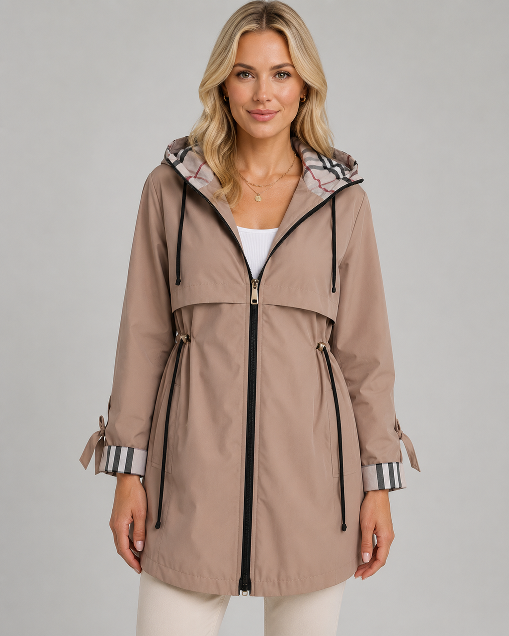 Women's Hooded Trench Coat with Plaid Lining – Zip Front Jacket with Adjustable Waist