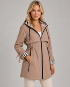 Women's Hooded Trench Coat with Plaid Lining – Zip Front Jacket with Adjustable Waist