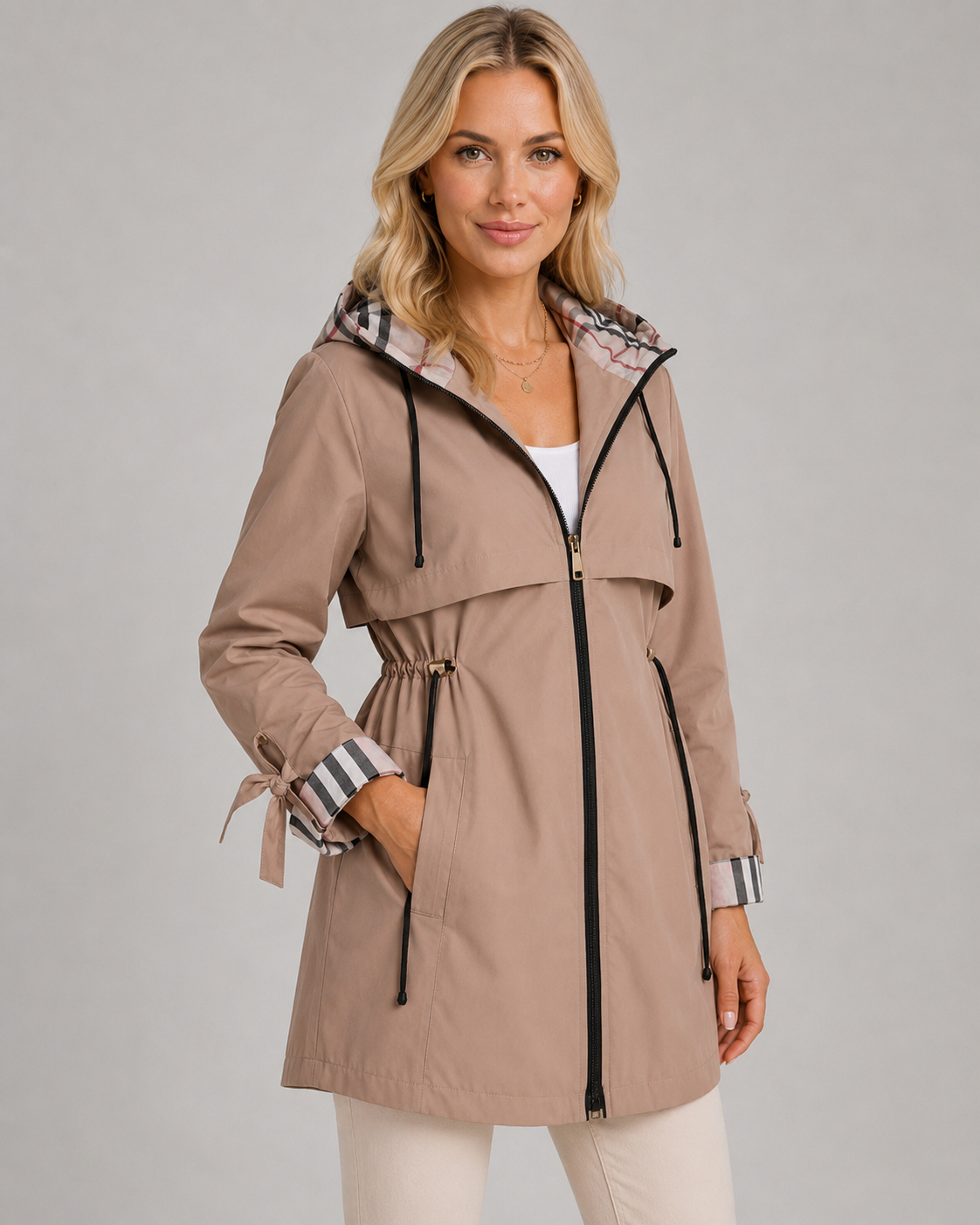Women's Hooded Trench Coat with Plaid Lining – Zip Front Jacket with Adjustable Waist