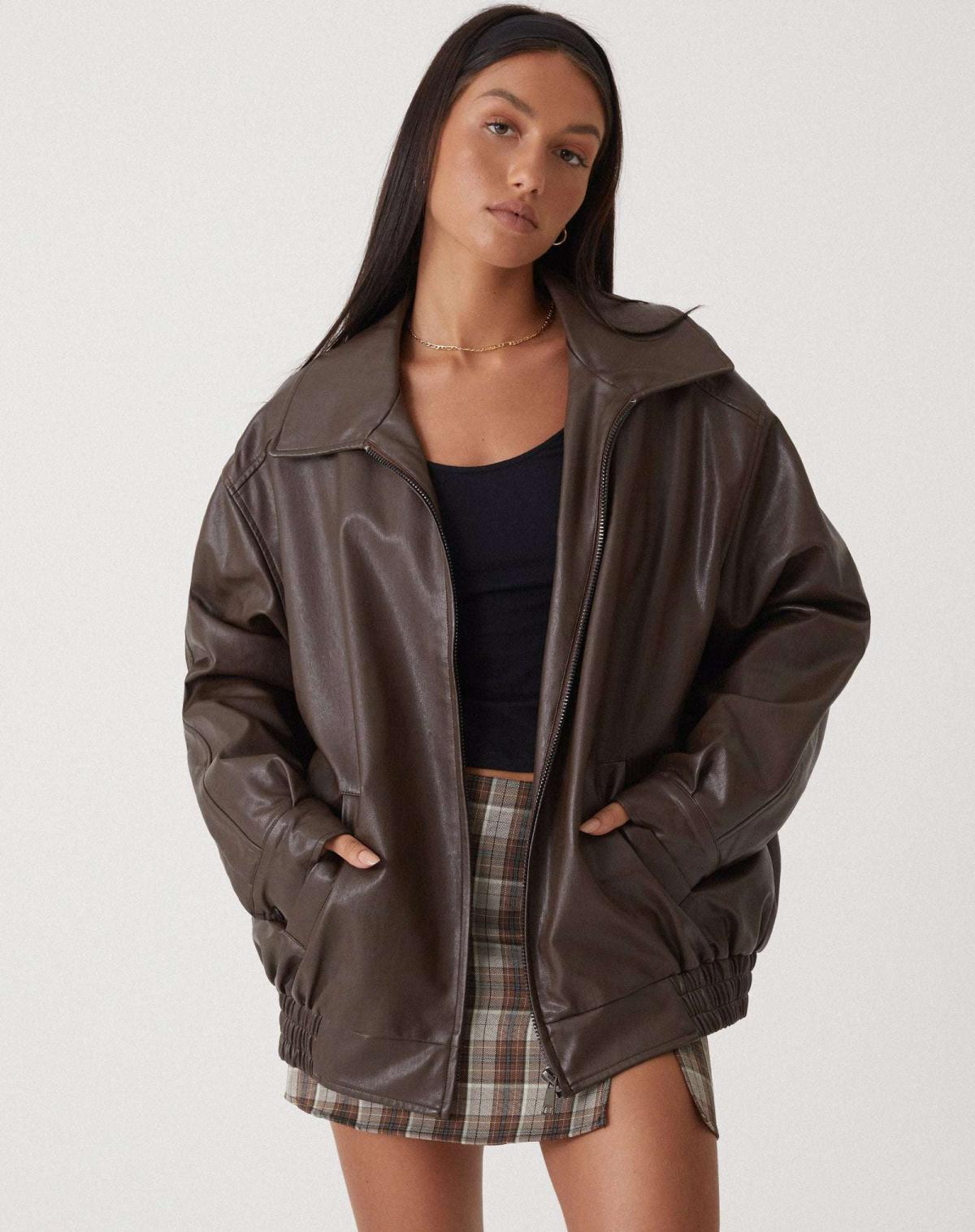 Women's Oversized Bomber Jacket – Leather-Look Boxy Fit