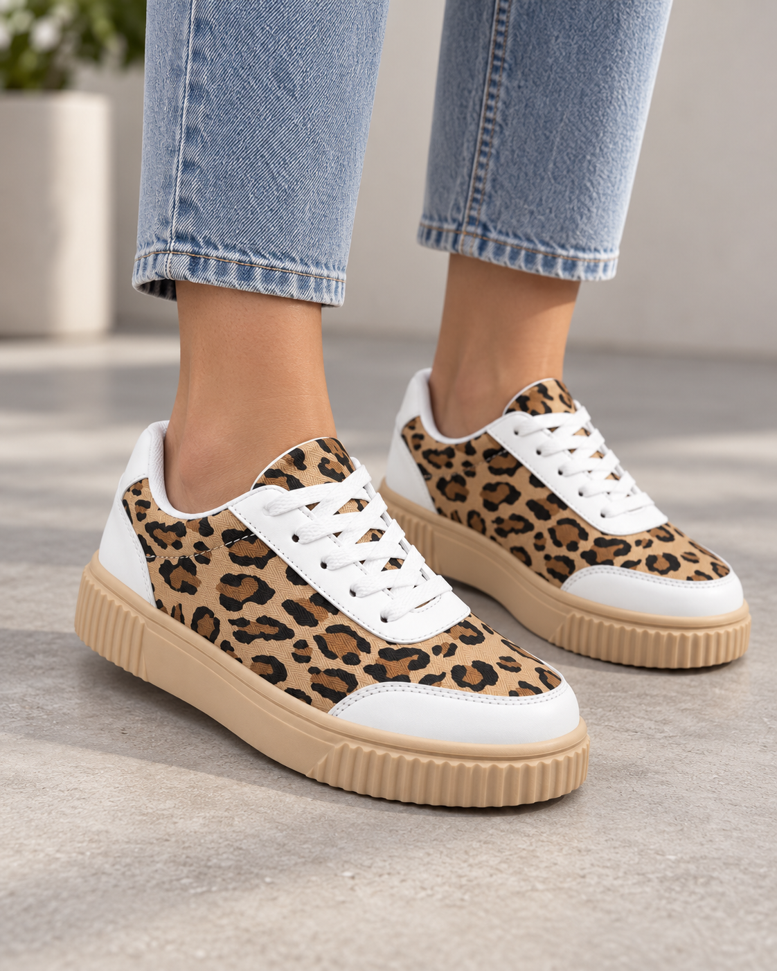 Women's Leopard Print Platform Sneakers – Chunky Sole Lace-Up Shoes