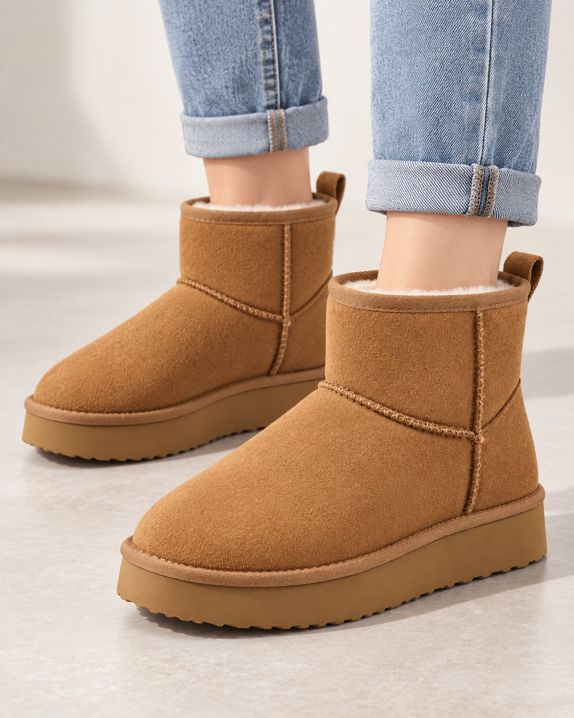 Women's Fleece-Lined Pull-On Ankle Boots – Platform Sole Winter Booties