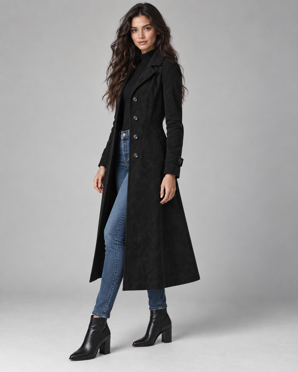 Women's Suede-Look Long Coat – Notched Lapel A-Line Tailored Overcoat