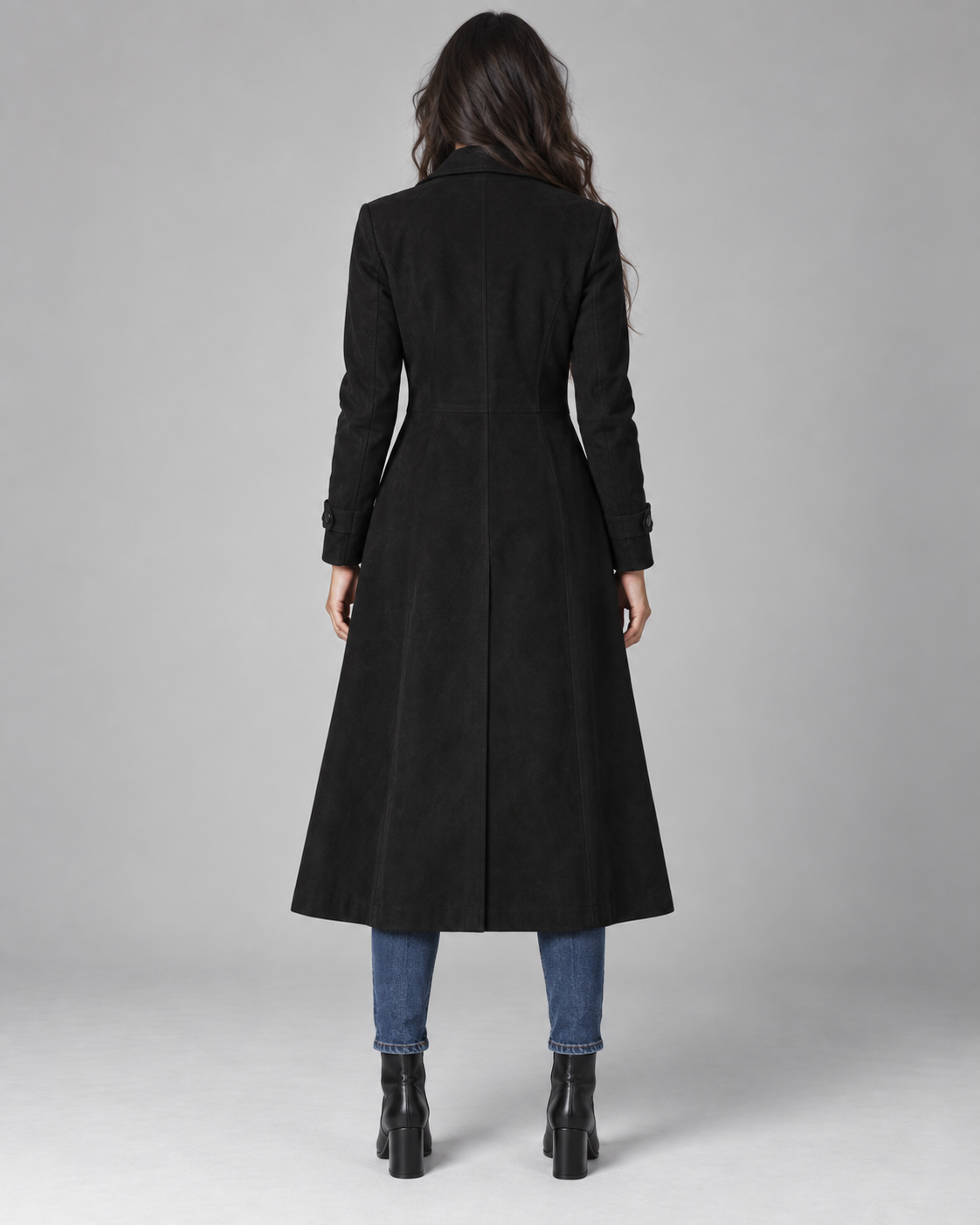 Women's Suede-Look Long Coat – Notched Lapel A-Line Tailored Overcoat