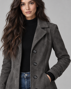 Women's Suede-Look Long Coat – Notched Lapel A-Line Tailored Overcoat