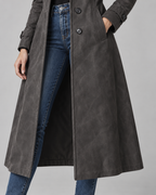 Women's Suede-Look Long Coat – Notched Lapel A-Line Tailored Overcoat
