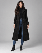 Women's Suede-Look Long Coat – Notched Lapel A-Line Tailored Overcoat
