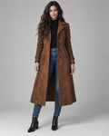 Women's Suede-Look Long Coat – Notched Lapel A-Line Tailored Overcoat