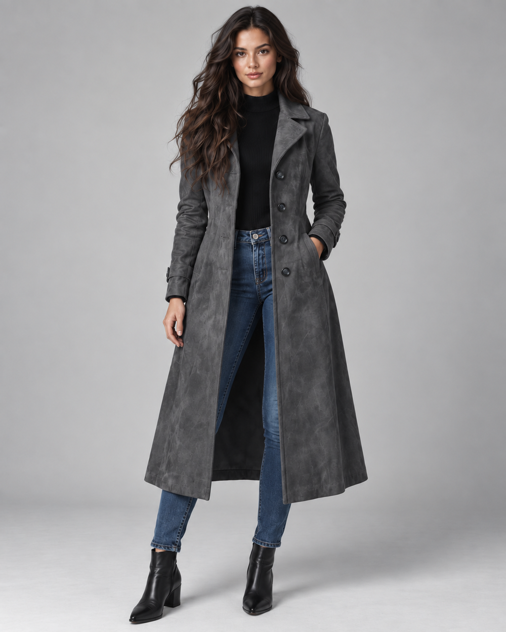 Women's Suede-Look Long Coat – Notched Lapel A-Line Tailored Overcoat