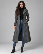 Women's Suede-Look Long Coat – Notched Lapel A-Line Tailored Overcoat